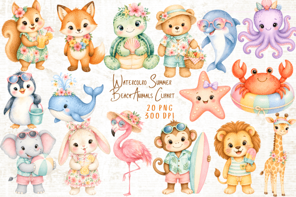 Download Watercolor Summer Beach Animals Clipart - Summer Collection