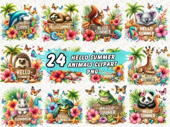 Download Hello Summer Animals Clipart PNG Bundle - Summer Collection