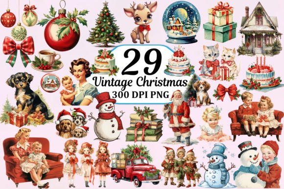 Download Vintage Christmas Watercolor Clipart PNG Pack - Vintage Collection