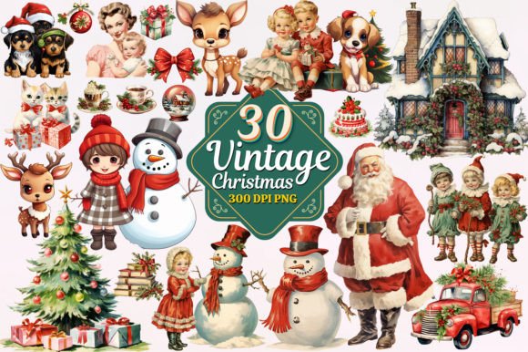 Download Vintage Christmas Watercolor Clipart PNG Bundle - Vintage Collection