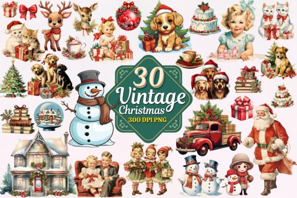 Download Vintage Christmas Watercolor Clipart PNG Pack - Vintage Collection